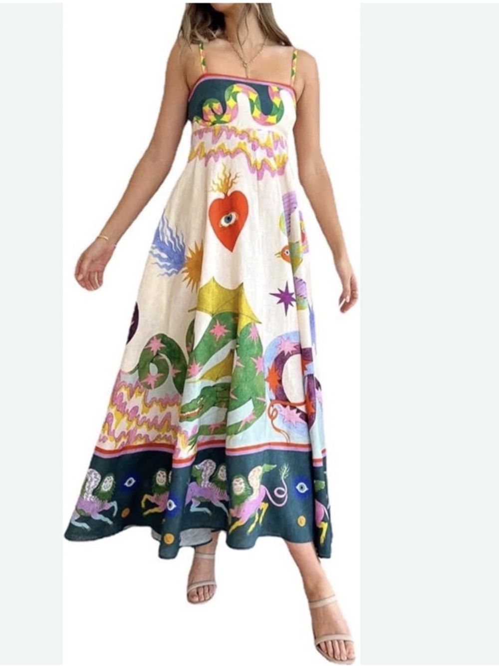 Bohemian Multicolor Midi Sun & Heart Print Dress